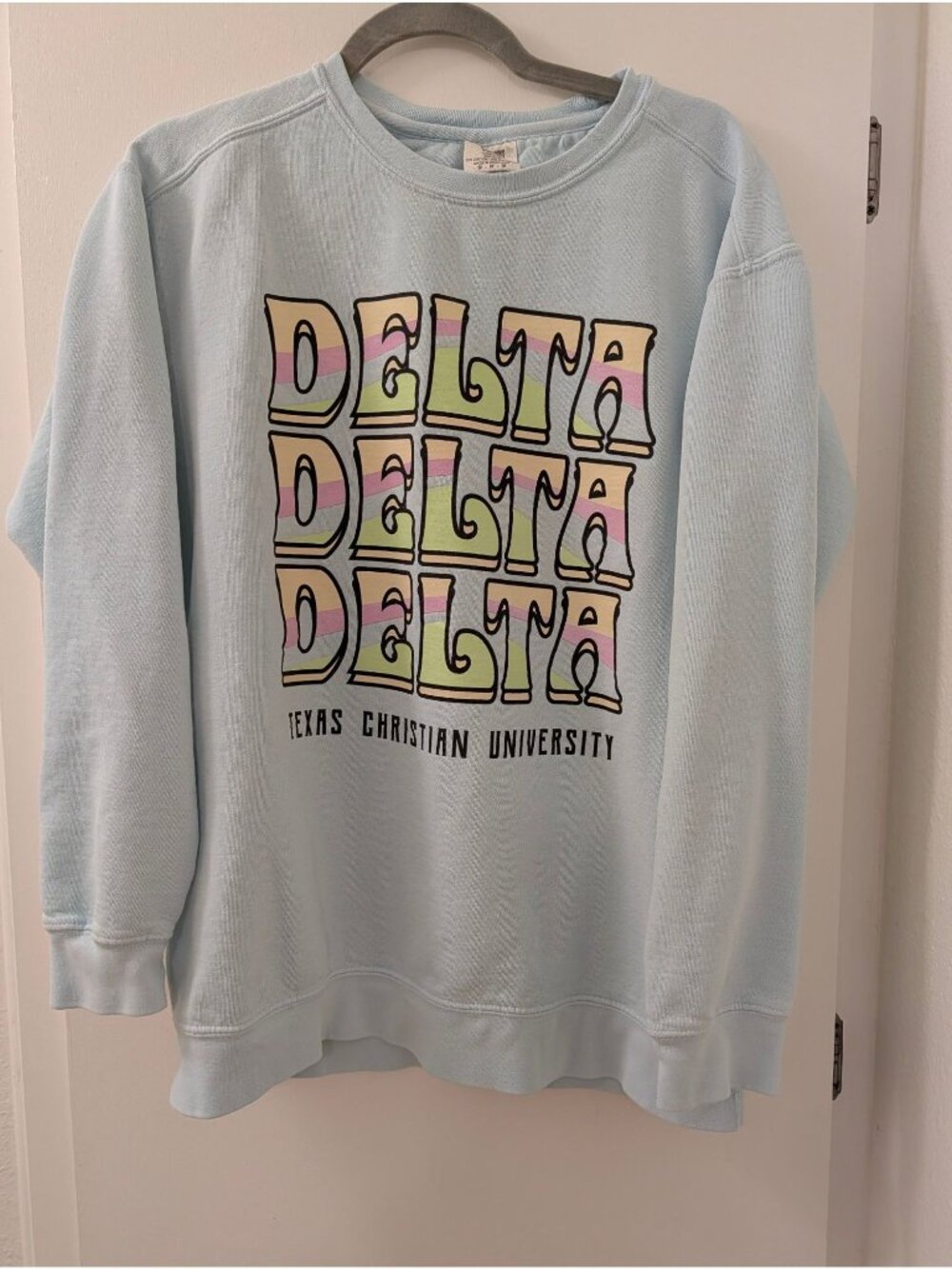Delta Delta Delta Sweatshirt TCU Comfort Colors Light Blue Womens M Cotton Blend